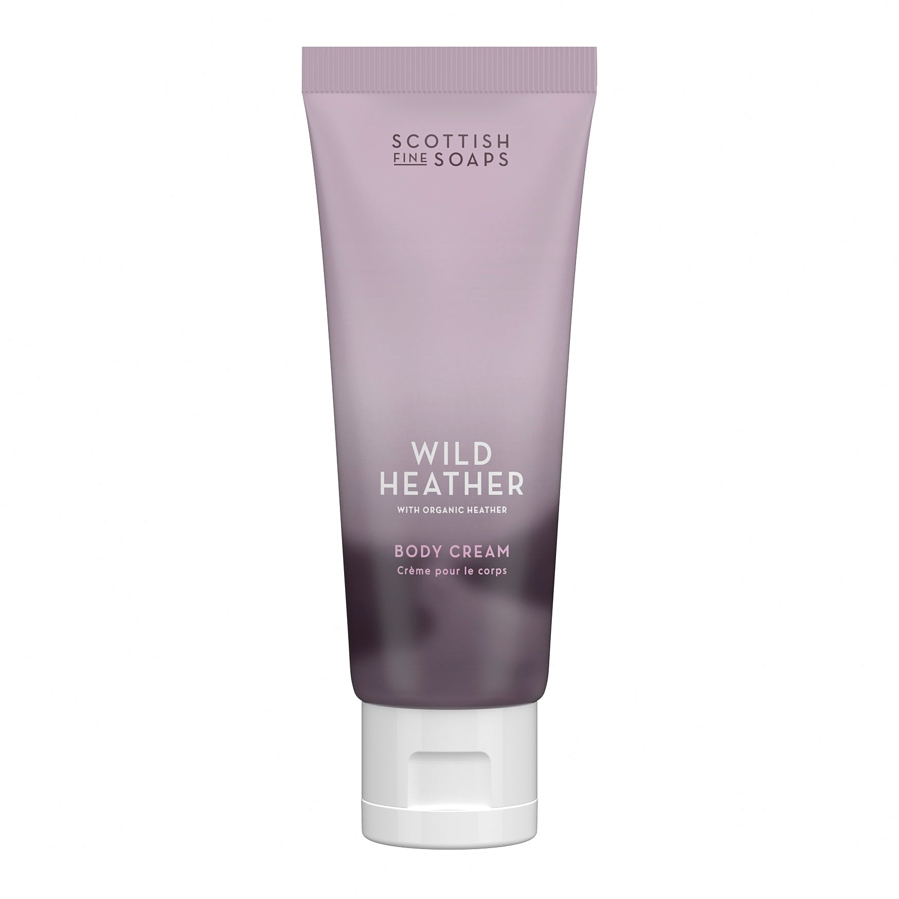 Purple tube of Scottish Fine Soaps Wild Heather body cream on a white background