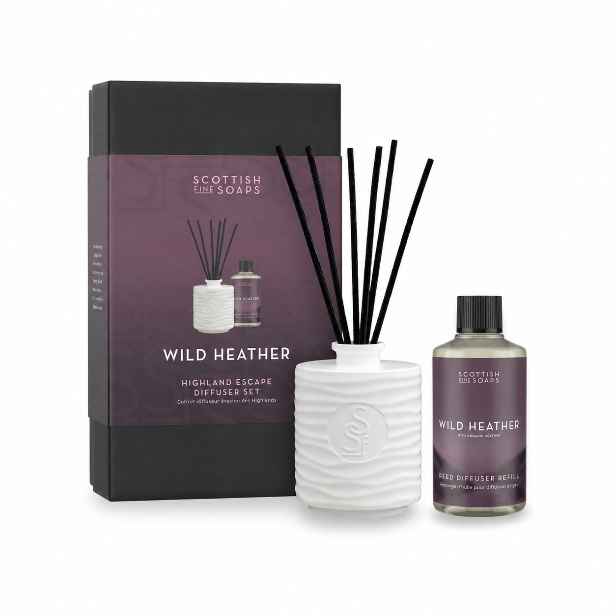 Wild Heather Highland Escape Diffuser Set on white background