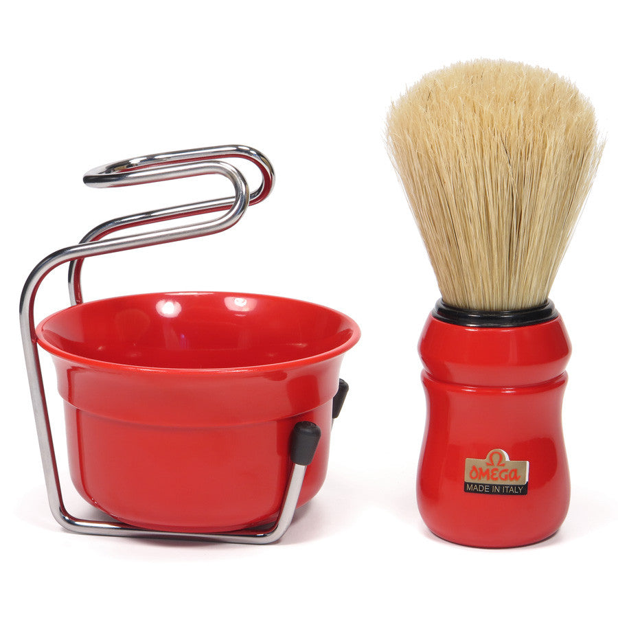 Omega Pure Bristle Red Shaving Brush with Bowl and Support - Cyril R. Salter