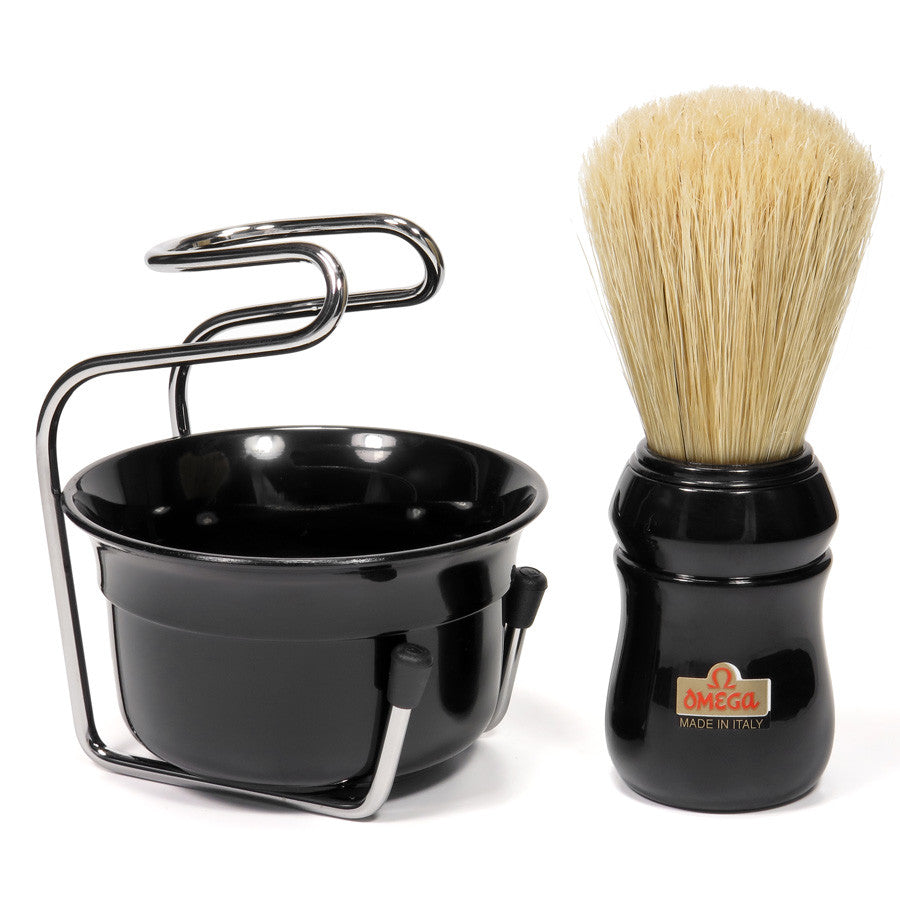 Omega Pure Bristle Black Shaving Brush with Bowl and Support 49.18 - Cyril R. Salter