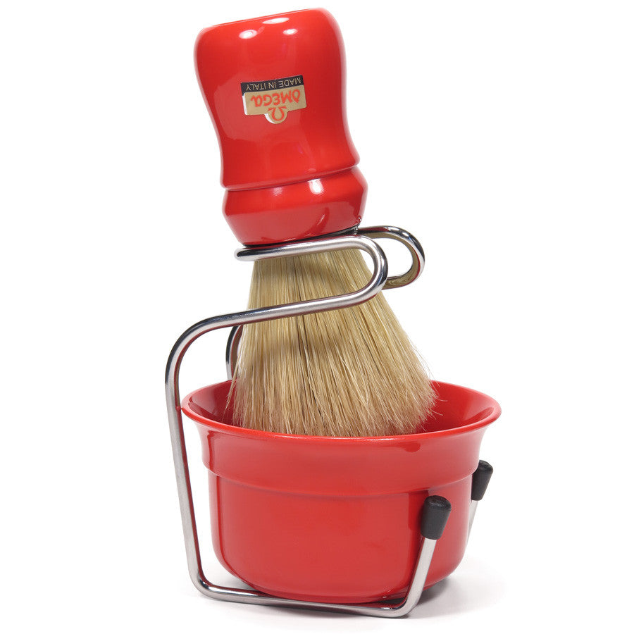 Omega Pure Bristle Red Shaving Brush with Bowl and Support - Cyril R. Salter