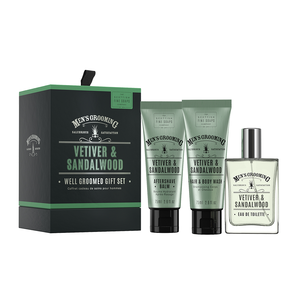 Set de regalo bien cuidado con vetiver y sándalo de The Scottish Fine Soaps Company