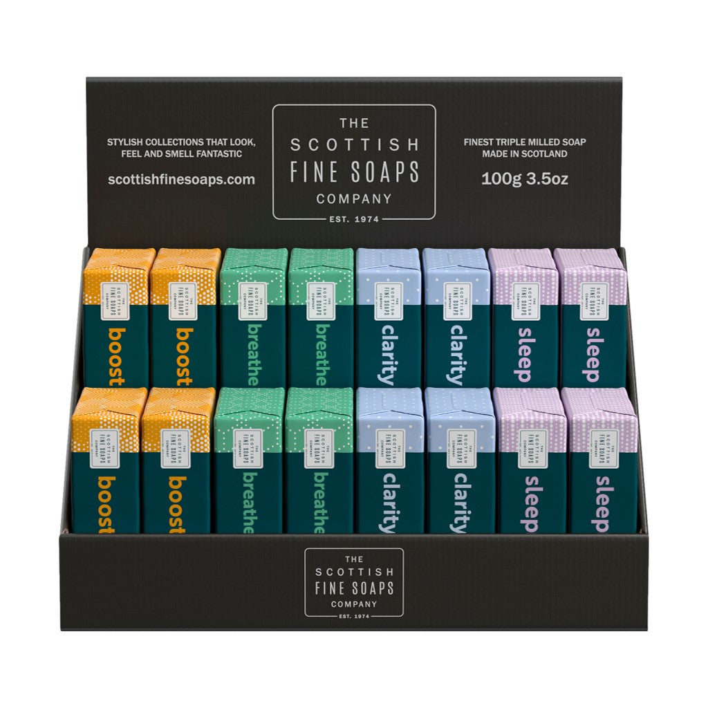 The Scottish Fine Soaps Company Assorted Aromatherapy 16x4 100g Variants plus Display