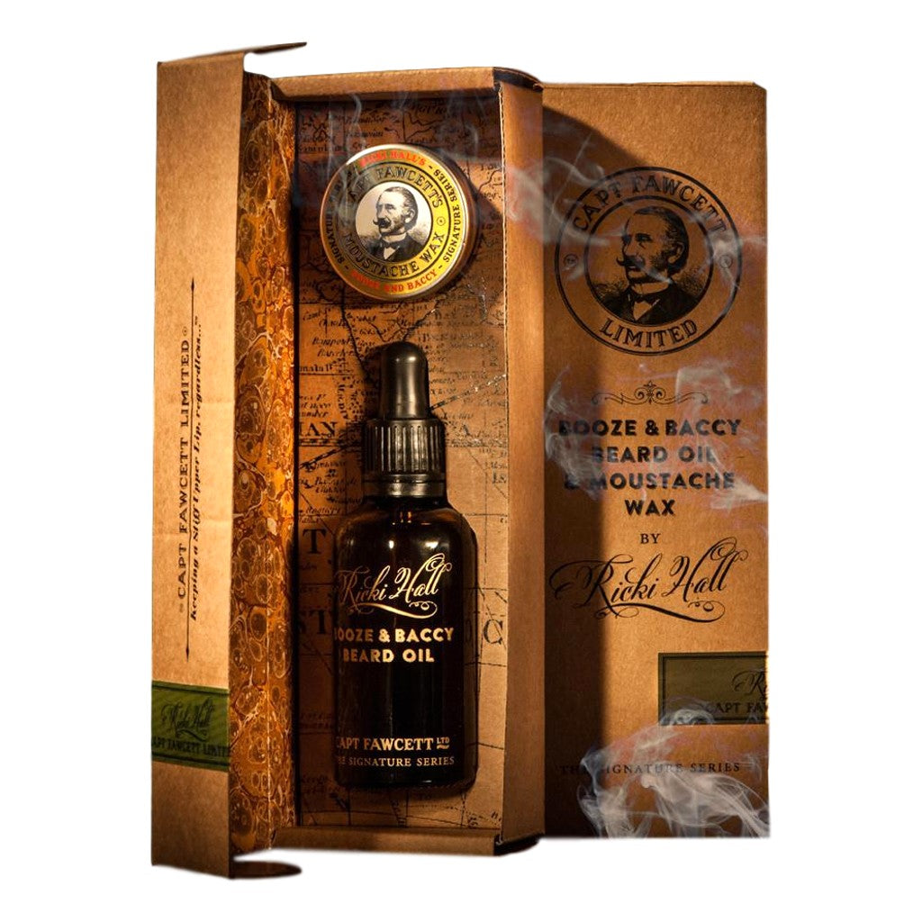 Captain Fawcett's Ricki Hall Booze &amp; Baccy 胡须油和胡须蜡礼品套装