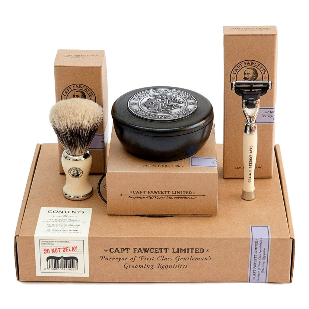 Set de regalo con brocha de afeitar, maquinilla de afeitar y jabón de afeitar del Capitán Fawcett