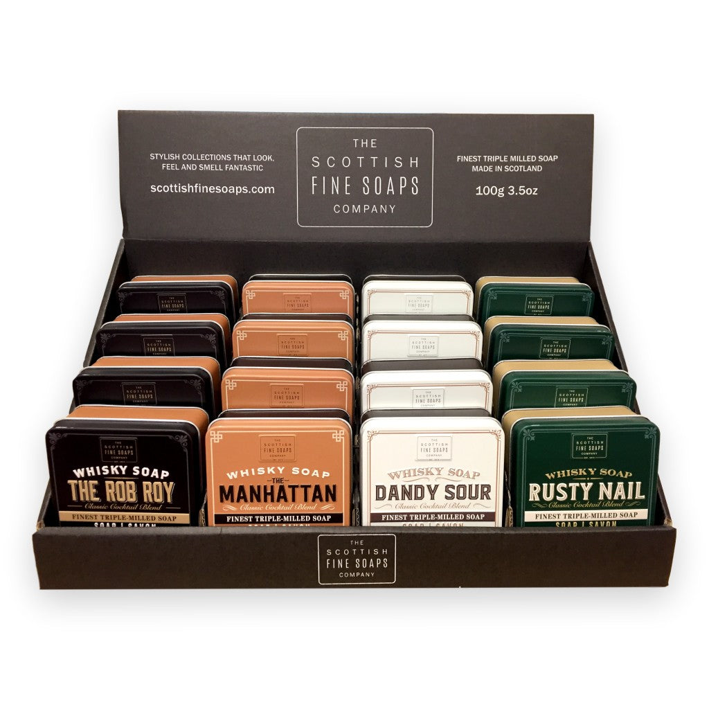 The Scottish Fine Soaps Company Assorted Whiskey Cocktail Soaps 16 x 4 100g with Display Stand - Cyril R. Salter